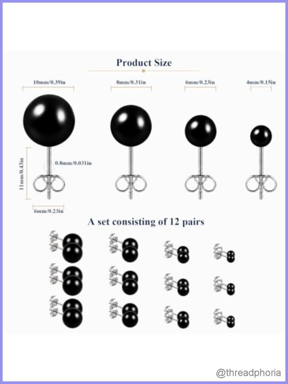 12 Pairs Simulated Pearl Stud Earrings Set Stainless Steel 4mm-10mm - Picture 3 of 5